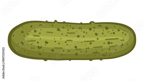 Depicted in olive green, this horizontal cartoon pickle features a bumpy outline, dark surface spots, and a pale central streak that gives the gherkin a distinct, rounded, and textured appearance
