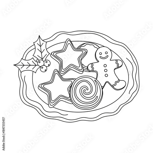 Christmas cookies on a plate with gingerbread man and stars coloring page.