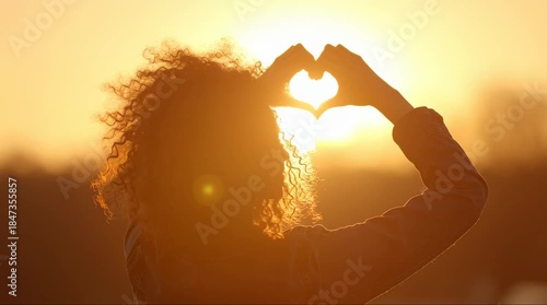 A person silhouetted against a bright golden sunset, forming a heart shape with their hands.