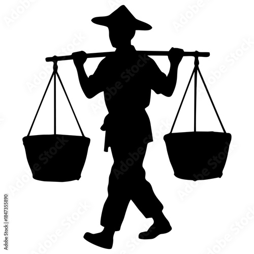silhouette of a person carrying a yoke containing a basket