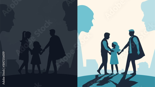 Family walking together holding hands in silhouette and color.