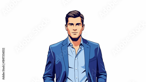 A confident businessman in a blue suit standing with hands in pockets.