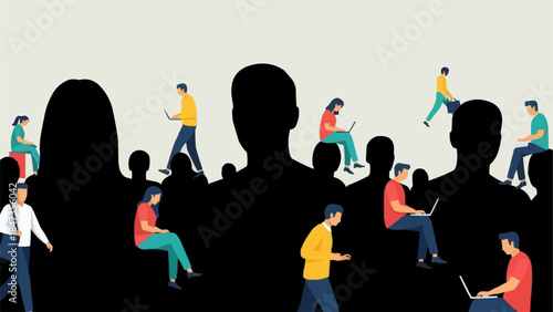 Diverse group of people engaged in various activities illustration.