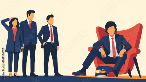 Business people in suits meeting with a leader in a chair.
