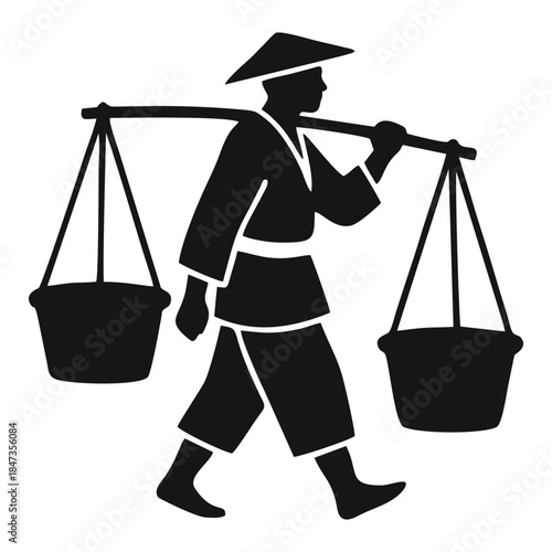 silhouette of a person carrying a yoke containing a basket