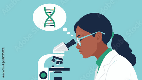 Scientist examining DNA structure through a microscope in a laboratory setting