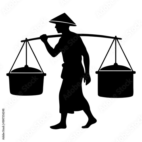 silhouette of a person carrying a yoke containing a basket