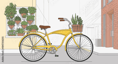 A bright yellow cruiser bicycle, with a plant in its basket, is parked on a clean urban street, symbolizing sustainable city life and green transportation.