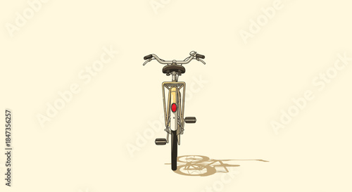 A classic vintage bicycle, viewed from the rear, stands isolated on a warm, minimalist background, casting a distinct shadow, evoking simplicity and sustainable urban transport.