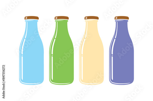 Milk bottles drawn in a cartoonish vector style with outlines

