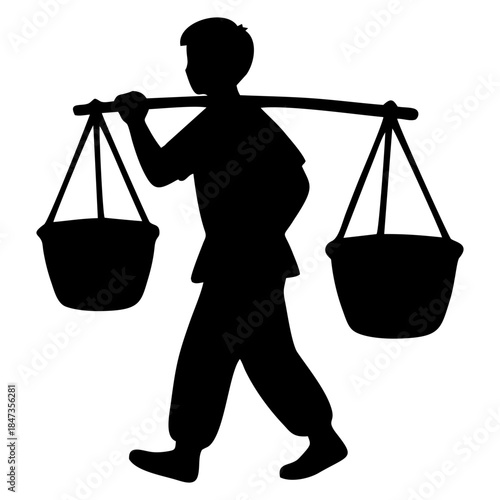 silhouette of a person carrying a yoke containing a basket