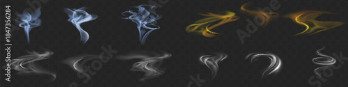 Set chimney smoke, fog wave or cloud pattern with overlay effect. Cloud art or smoky air illustration.