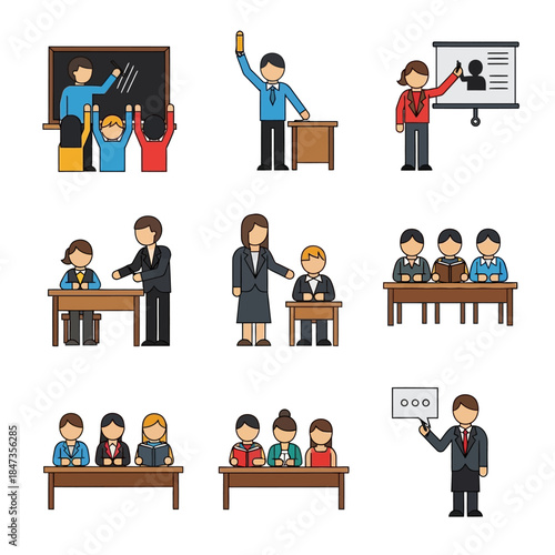 Flat design icons illustrating various classroom activities and teaching scenarios with students and educators.
