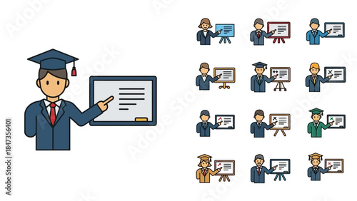Illustrations of teachers and professors in academic attire presenting lessons on whiteboards, depicting various educational scenarios.