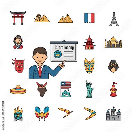 Illustration of a teacher presenting cultural learning concepts with international symbols and famous monuments from around the world.