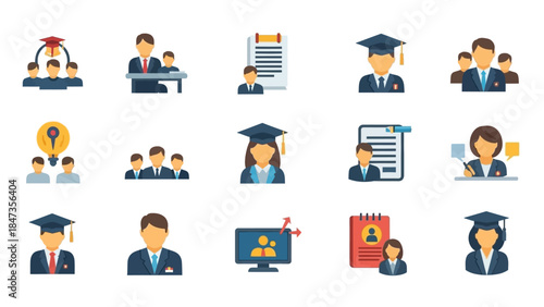 A collection of flat design icons representing education, learning, students, teachers, graduation, and academic concepts.