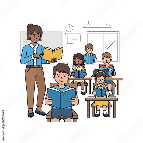 A diverse group of young students reading books in a classroom with their teacher providing guidance.