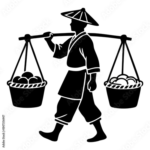 silhouette of a person carrying a yoke containing a basket
