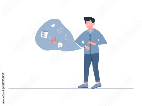 Man person appears to be utilizing a smartwatch or similar device to manage these various tasks and notifications simultaneously. Generation Z vector illustration. Flat illustration concept