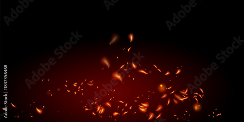 Burning Flame Fiery Sparkles Background. Isolated Fire, Red Yellow Orange Sparks, Smoke. Realistic Energy Glow. Hot Blazing Glow Flashes. Realistic Fire Image on Black.