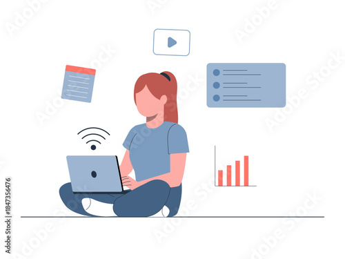 A girl sits and works using a laptop. Generation Z vector illustration. Flat illustration concept