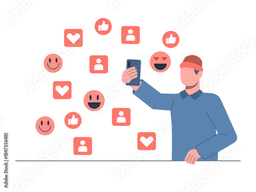 Young man using smartphones getting likes in social media. Generation Z vector illustration. Flat illustration concept