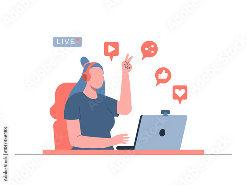 Live streamer is doing live streaming on laptop. Generation Z vector illustration. Flat illustration concept