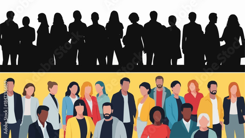 Diverse group of people standing together in a colorful illustration.