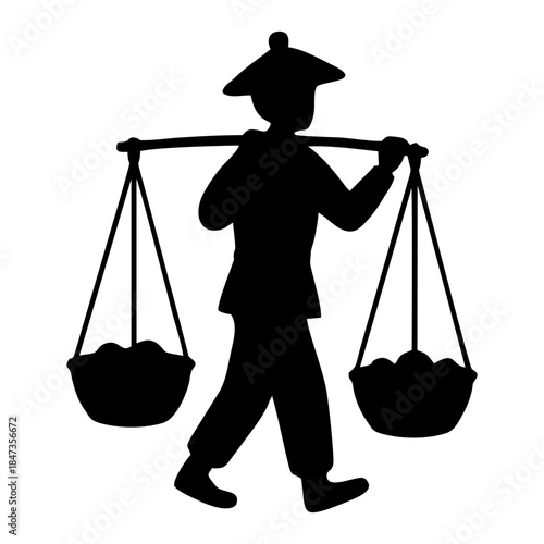silhouette of a person carrying a yoke containing a basket
