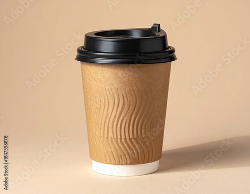 A disposable paper cup with a black lid, on a neutral background