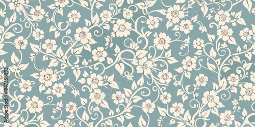 Delicate floral pattern with swirling vines and muted cream and teal tones