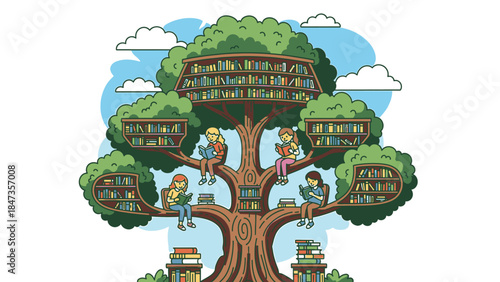 Children playing in a treehouse with multiple levels and colorful books surrounding them in a serene environment