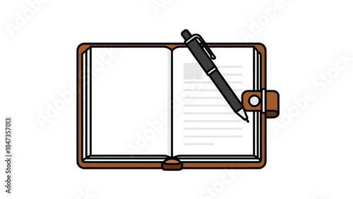 An open notebook with a pen on top, symbolizing writing and creativity, viewed from directly above in a minimalist setting
