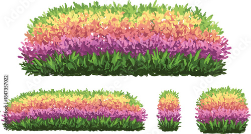 This title includes strong SEO terms like colorful garden bush, layered flowers, green foliage, landscape plant design, nature background, and your required phrase cad drawing flat vector illustration