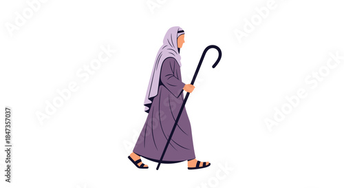 A simple flat vector illustration of a female biblical character, like Mary or a shepherdess, walking with a shepherd's crook.