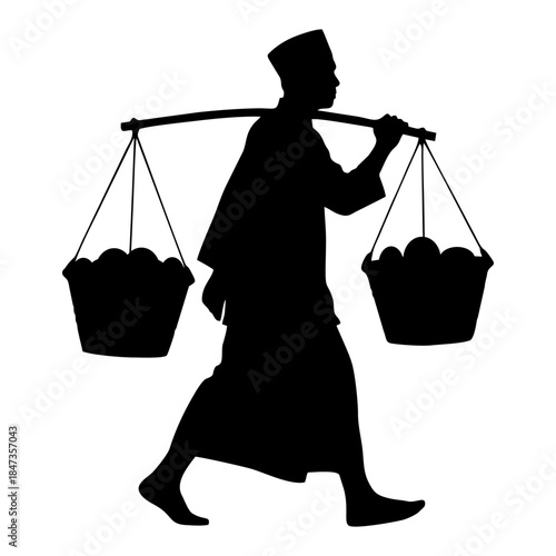 silhouette of a person carrying a yoke containing a basket