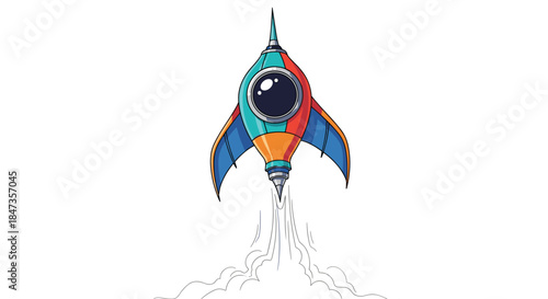 A colorful and fun cartoon illustration of a retro-style rocket ship blasting off, with smoke trailing from its engine.