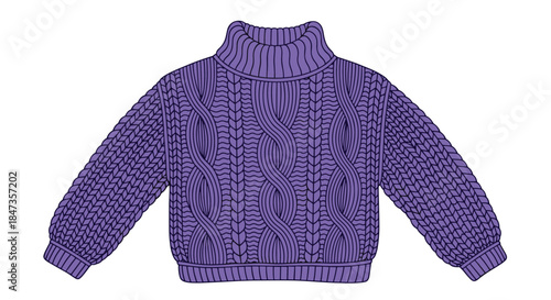 A detailed illustration of a cozy, purple cable-knit sweater with a turtleneck and puffy sleeves, isolated on a white background.