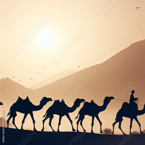 Caravan Silhouette in Desert at Sunset: A camel caravan traverses the vast, undulating dunes, silhouetted against the warm, inviting glow of the setting sun, hinting at an age-old journey.