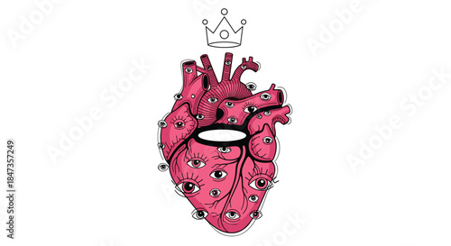 Surreal illustration of a pink anatomical human heart covered in multiple eyes with a simple crown floating above on a white background.