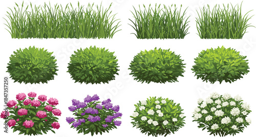 Collection of green bushes, garden grass and colorful flowering shrubs for landscape design and architecture projects, CAD drawing flat vector illustration