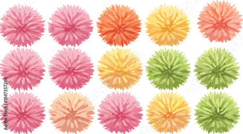 Colorful round bushes top view, vibrant landscape plants collection, garden foliage design elements, nature greenery art, cad drawing flat vector illustration