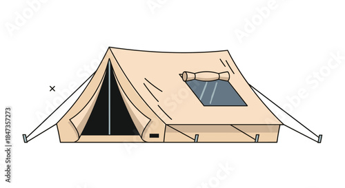 Simple vector illustration of a beige canvas tent pitched for camping, representing outdoor adventure, hiking, and wilderness recreation.