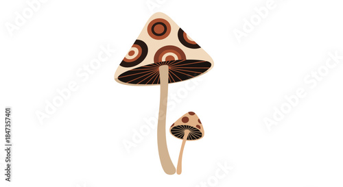 Retro-style vector illustration of two mushrooms with a groovy 1970s circular pattern in brown and beige earth tones.