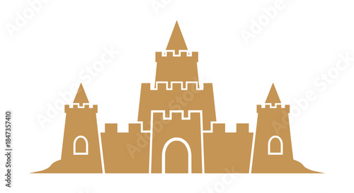 Simple golden silhouette icon of a sandcastle with towers and ramparts, representing summer beach fun, vacation, and childhood.