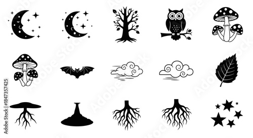 Black icons of nature and astronomy.