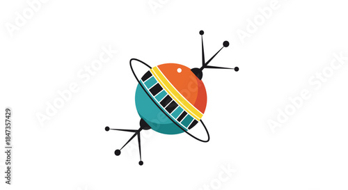 Retro mid-century modern style illustration of a colorful planet or sputnik satellite with rings and antennae on a white background.