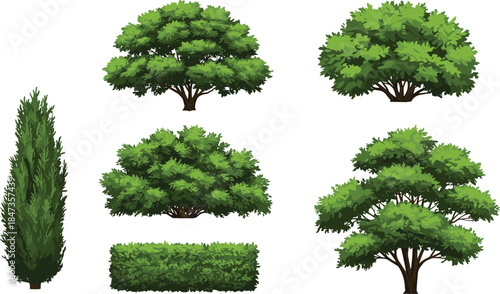 Realistic green tree and bush collection for landscape design, garden decoration, and nature illustration, cad drawing flat vector illustration, environment greenery concept, eco garden art.