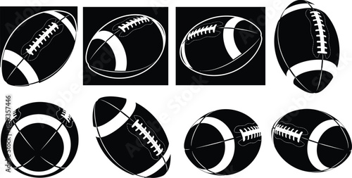 American football vector illustration set, black and white sports ball silhouettes, dynamic angles, modern graphic design for branding, posters, and merchandise