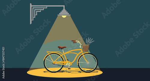 A vibrant yellow vintage bicycle with a front basket is illuminated by a warm spotlight from a classic street lamp against a dark evening background.